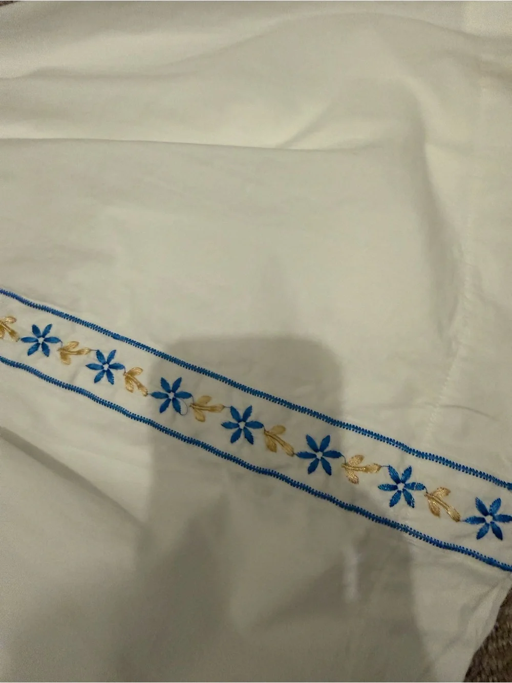 White Embroidered Girls' Party Dress with Blue Trim